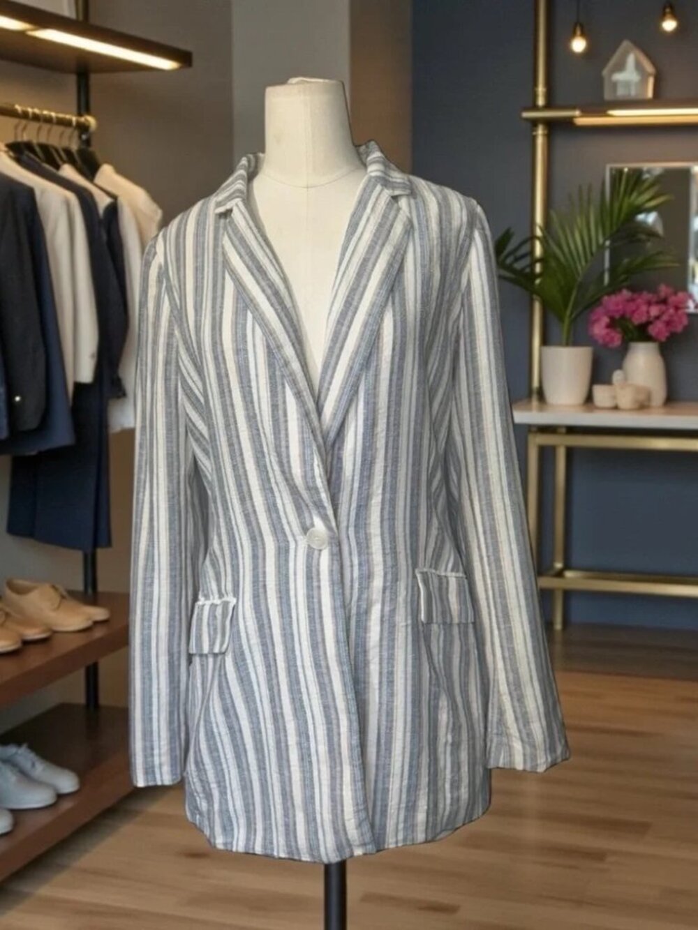 Rachel Zoe Linen-Viscose Blend Striped Blazer | Lightweight Tailored Jacket Sz S